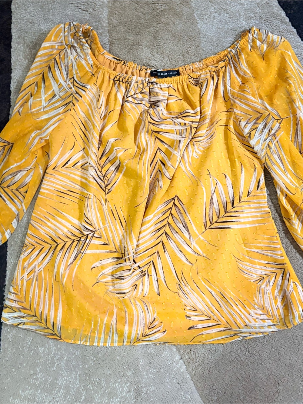 NWOT White House Black Market Yellow Palm-Print Blouse Size Medium